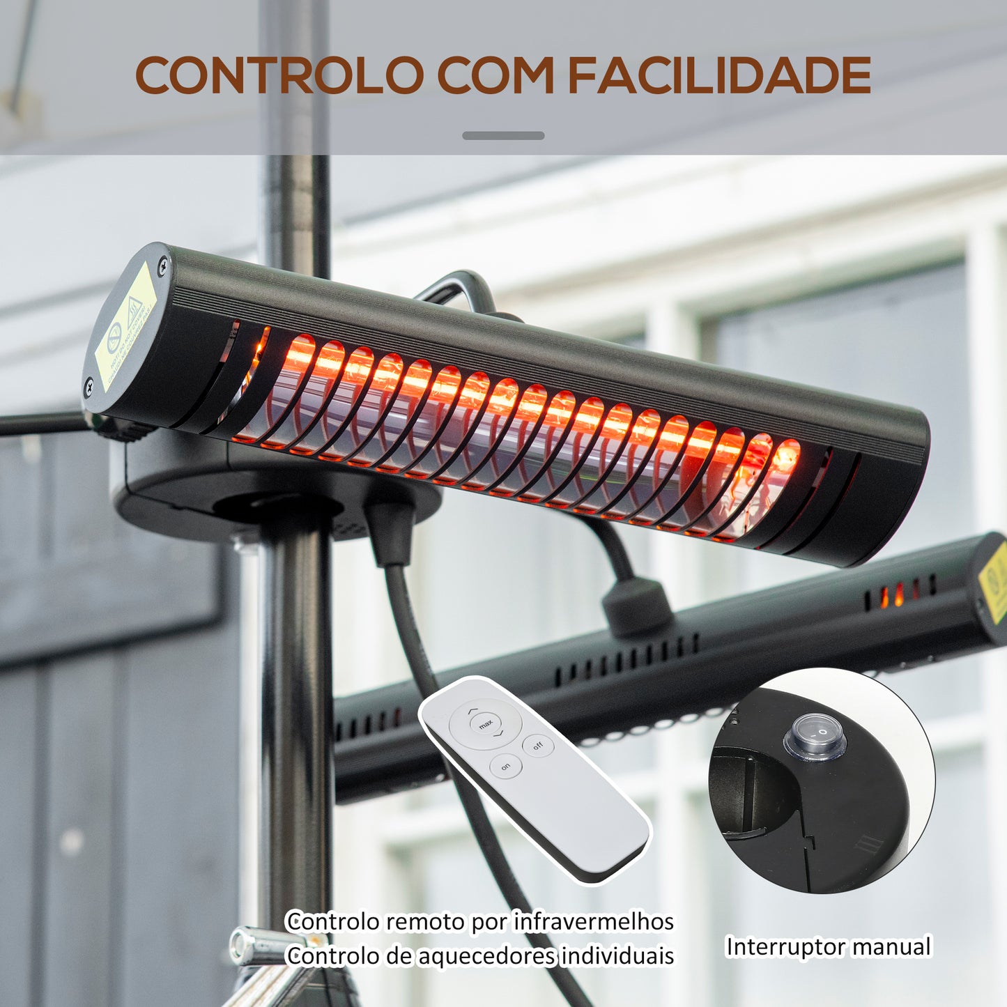 Outsunny Aquecedor Elétrico de Exterior com 3 Painéis 1000W Aquecedor de Infravermelhos com Controlo Remoto Proteção IPX5 Liga de Alumínio para Chapéu de Sol Pérgola 87x75x22cm Preto