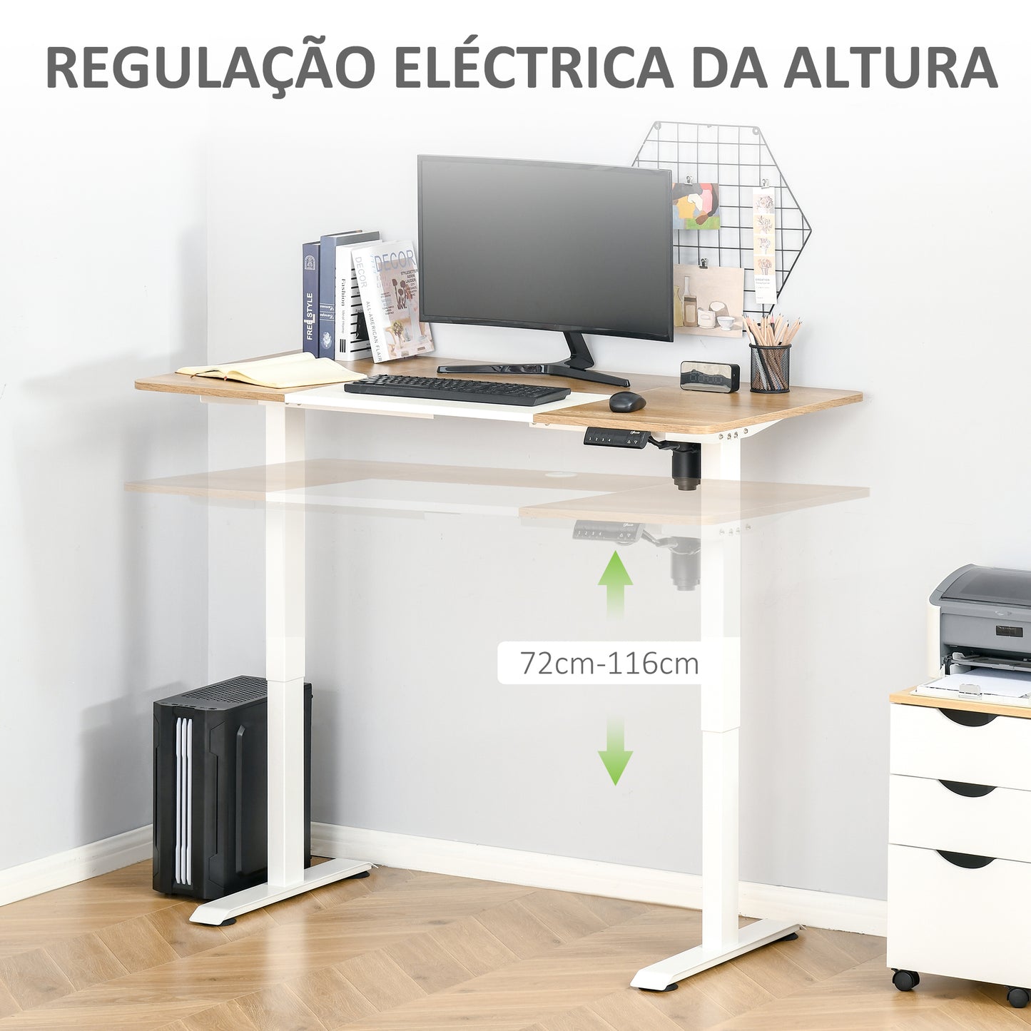 Vinsetto Secretária Elétrica de Pé com Ajuste Elétrico de Altura e 4 Teclas de Memória para Casa Escritório 140x70x72-116 cm Branco e Natural