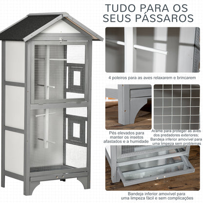 PawHut Gaiola para Pássaros Gaiola para Pássaros de Madeira com 3 Portas 4 Poleiros Bandeja Amovível e Teto Asfáltico 80,5x57x153 cm Cinza Claro