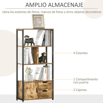 HOMCOM Estante para Livros com Armário e 2 Gavetas de Armazenamento Estante Estilo Industrial para Escritório Sala de Estar 58x24x122cm Marrom Rústico