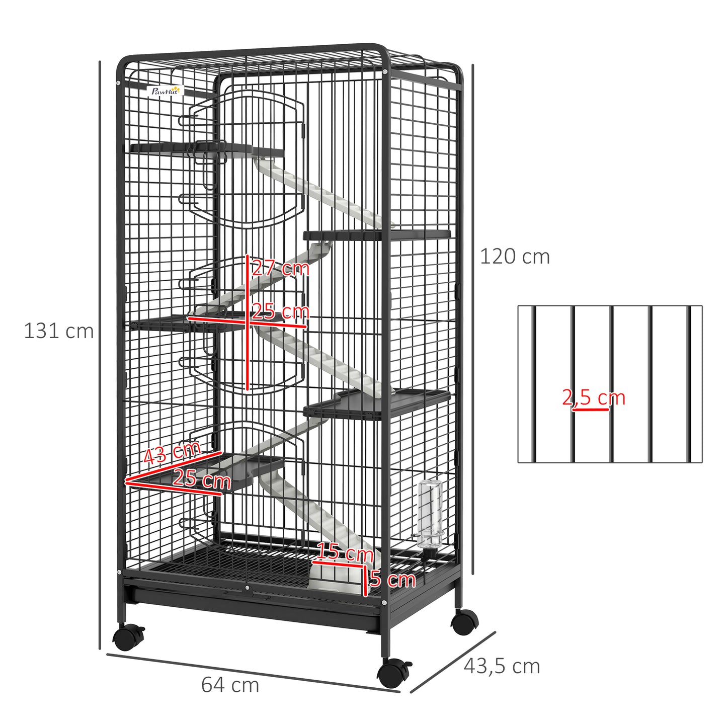 PawHut Gaiola para Pequenos Animais com 6 Níveis Gaiola para Roedores com Rodas Rampa Comedouro Bebedouro e Bandeja Amovível para Coelhos Chinchila 64x43,5x131 cm Preto