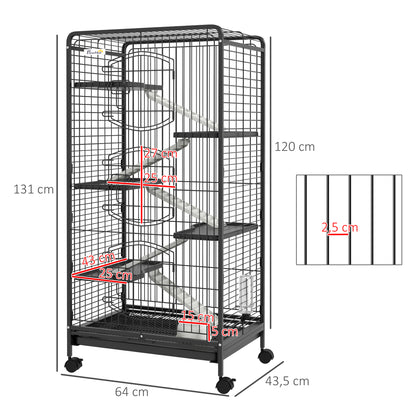 PawHut Gaiola para Pequenos Animais com 6 Níveis Gaiola para Roedores com Rodas Rampa Comedouro Bebedouro e Bandeja Amovível para Coelhos Chinchila 64x43,5x131 cm Preto