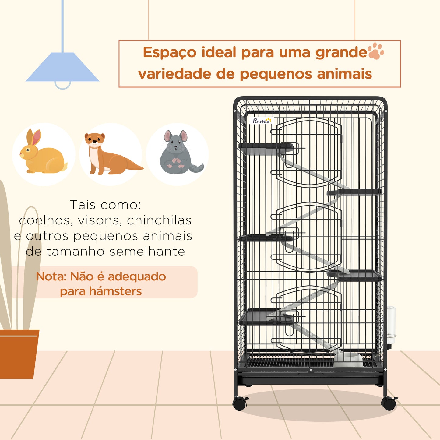 PawHut Gaiola para Pequenos Animais com 6 Níveis Gaiola para Roedores com Rodas Rampa Comedouro Bebedouro e Bandeja Amovível para Coelhos Chinchila 64x43,5x131 cm Preto