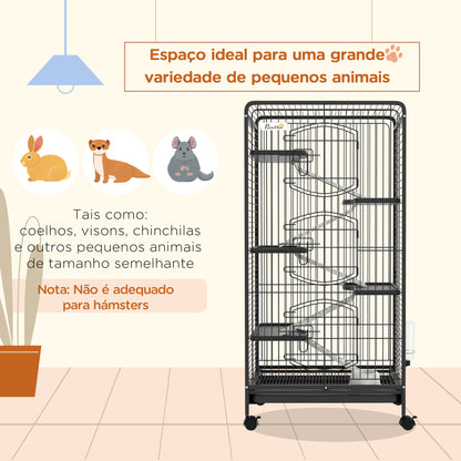 PawHut Gaiola para Pequenos Animais com 6 Níveis Gaiola para Roedores com Rodas Rampa Comedouro Bebedouro e Bandeja Amovível para Coelhos Chinchila 64x43,5x131 cm Preto