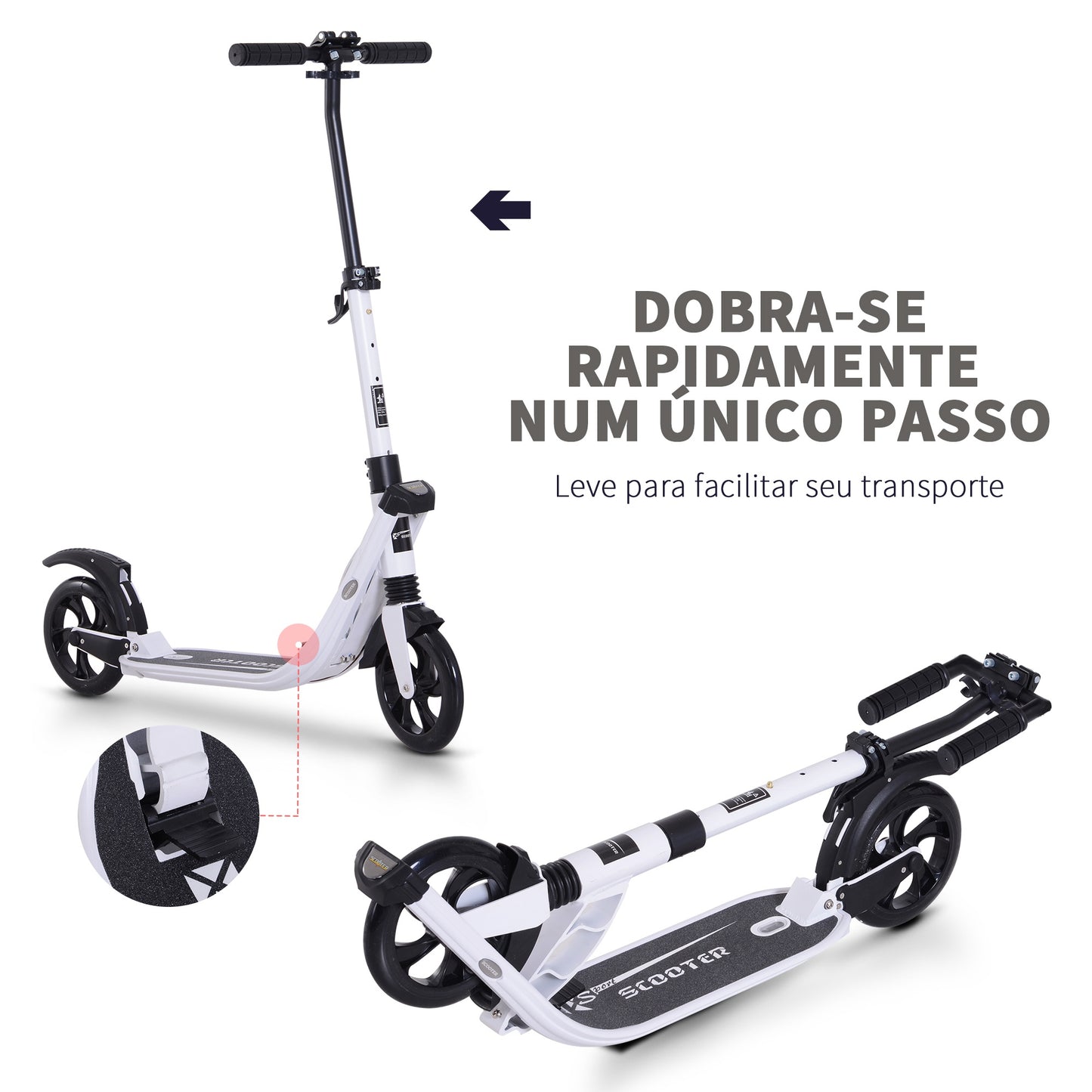 HOMCOM Trotinete Dobrável para Adultos e Crianças acima de 14 anos com Guiador Altura Ajustável com Freio Grandes Rodas Carga 100 kg 93.5x38x95-105 cm