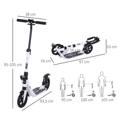 HOMCOM Trotinete Dobrável para Adultos e Crianças acima de 14 anos com Guiador Altura Ajustável com Freio Grandes Rodas Carga 100 kg 93.5x38x95-105 cm