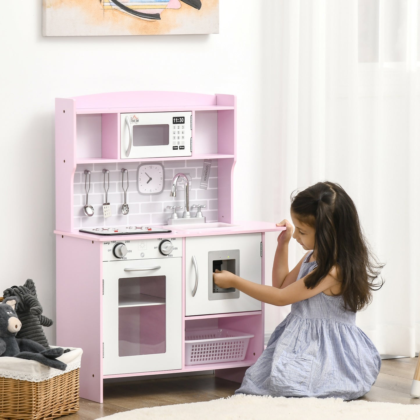 HOMCOM Cozinha Infantil para Crianças acima de 3 Anos Cozinha Infantil com Luzes Sons Lavatório Fogão Dispensador de Água e Forno 70x29x90cm Rosa