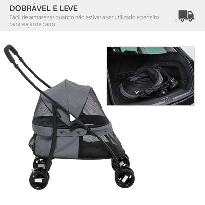 PawHut Carrinho para Animais de Estimação Dobrável Carrinho de Passeio para Cães e Gatos com Janela de Malha Almofada Lavável Arnês de Segurança e Estrutura de Aço 82x47x97cm Cinza