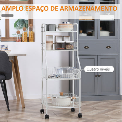 Carrinho de Cozinha com Rodas de Aço Carrinho Auxiliar com 4 Níveis Carrinho de Armazenamento para Casa de Banho Sala de Estar Cozinha 42x34x114,5cm Branco