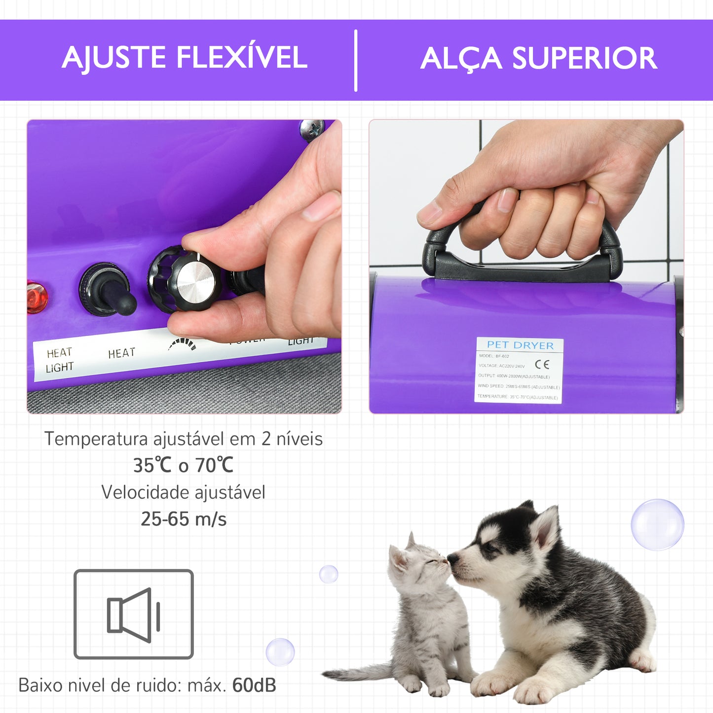 PawHut Secado de Pelo para Cães 2800W Secador de Pelo para Animais de Estimação com Temperatura e Velocidade Ajustável 3 Bicos Tubo Flexível 2,1m e Alça de Transporte 40x16x20cm Roxo