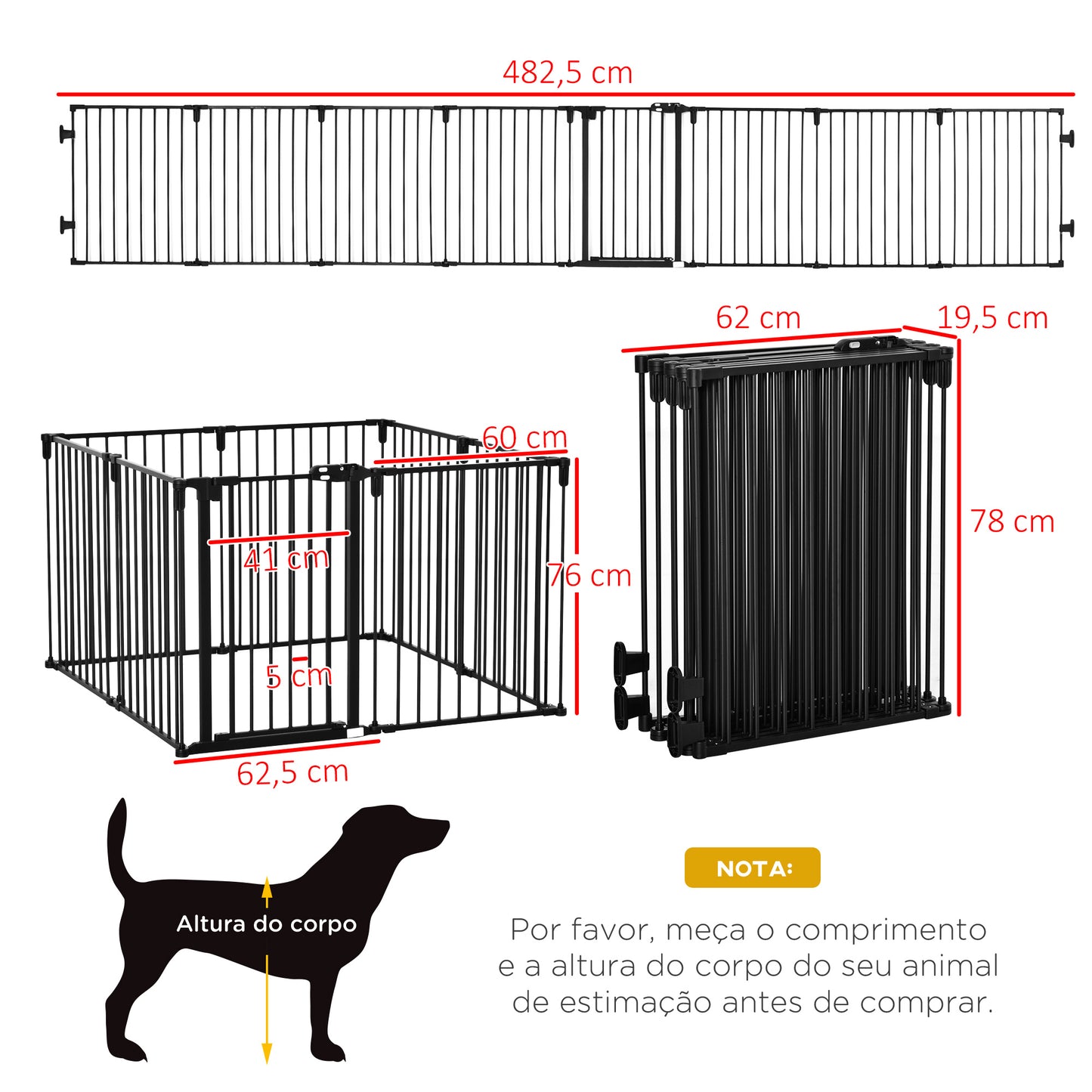 PawHut Parque para Cães com 8 Painéis 60x76cm Barreira de Proteção para Animais de Estimação Dobrável com Porta e Fechadura Dupla Painéis Metálicos para Escadas Corredores Preto