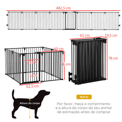 PawHut Parque para Cães com 8 Painéis 60x76cm Barreira de Proteção para Animais de Estimação Dobrável com Porta e Fechadura Dupla Painéis Metálicos para Escadas Corredores Preto