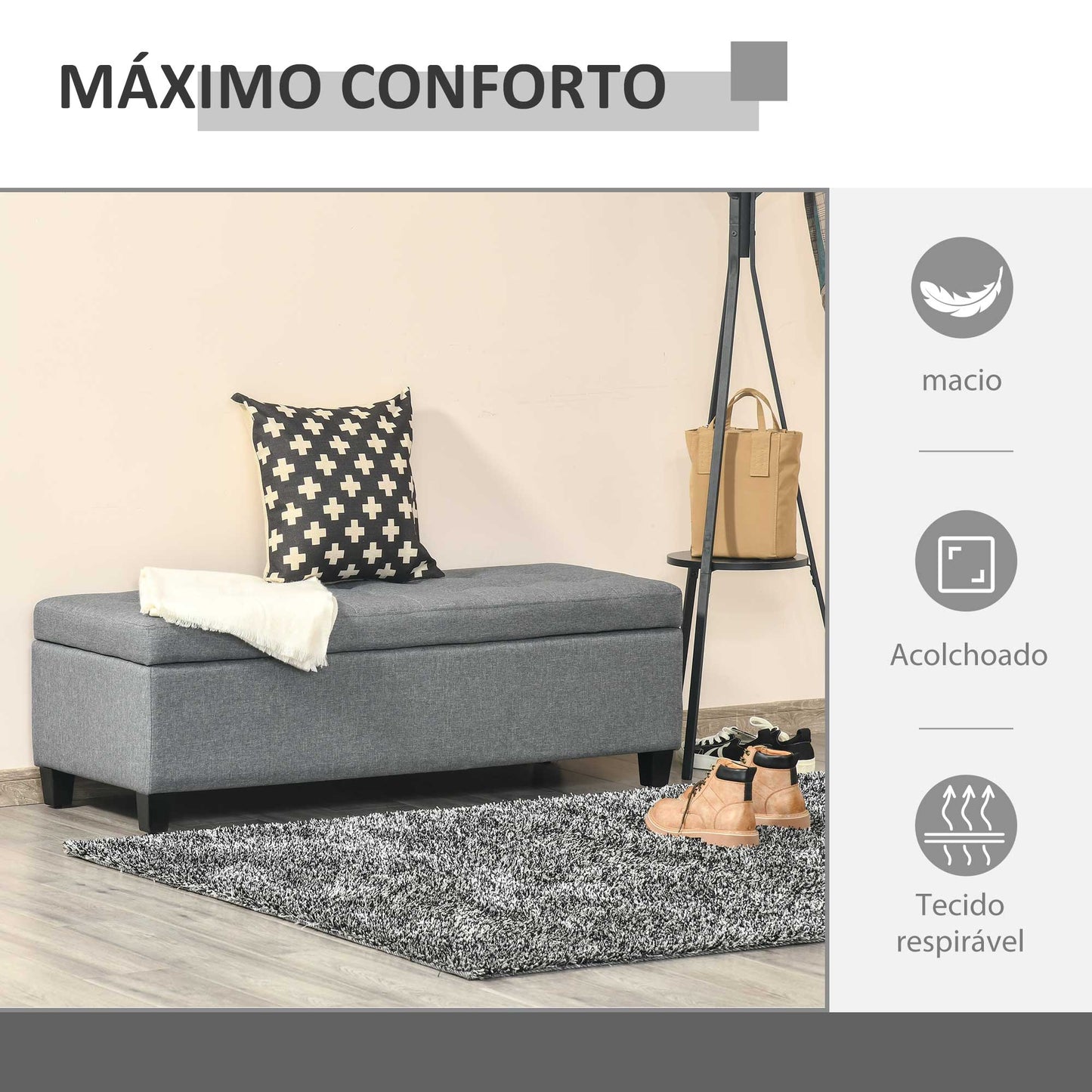 Banco Mo com Baú com Estofamento em Linho - Cinzento - Design Nórdico