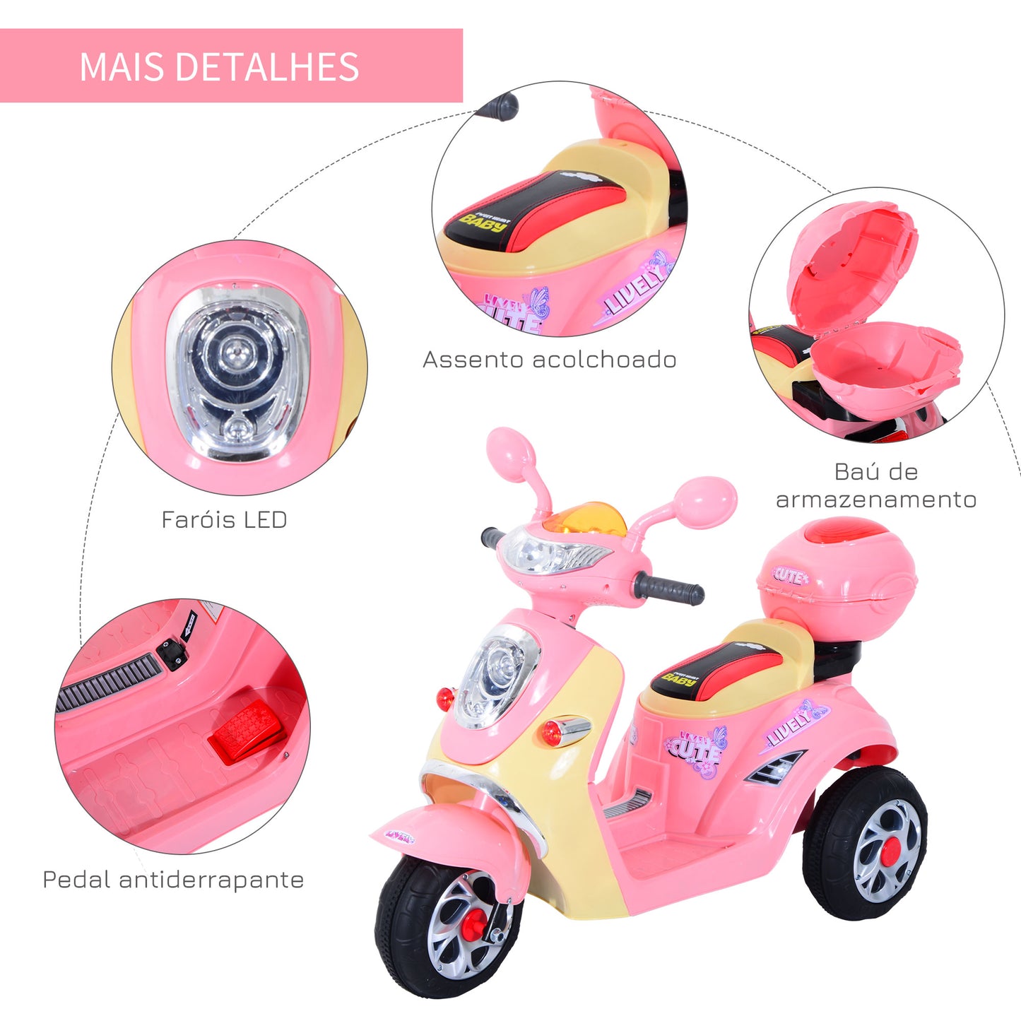 HomCom® Carro de triciclo Moto elétrica infantil com Bateria para crianças com mais de 3 anos 108x51x75cm Rosa