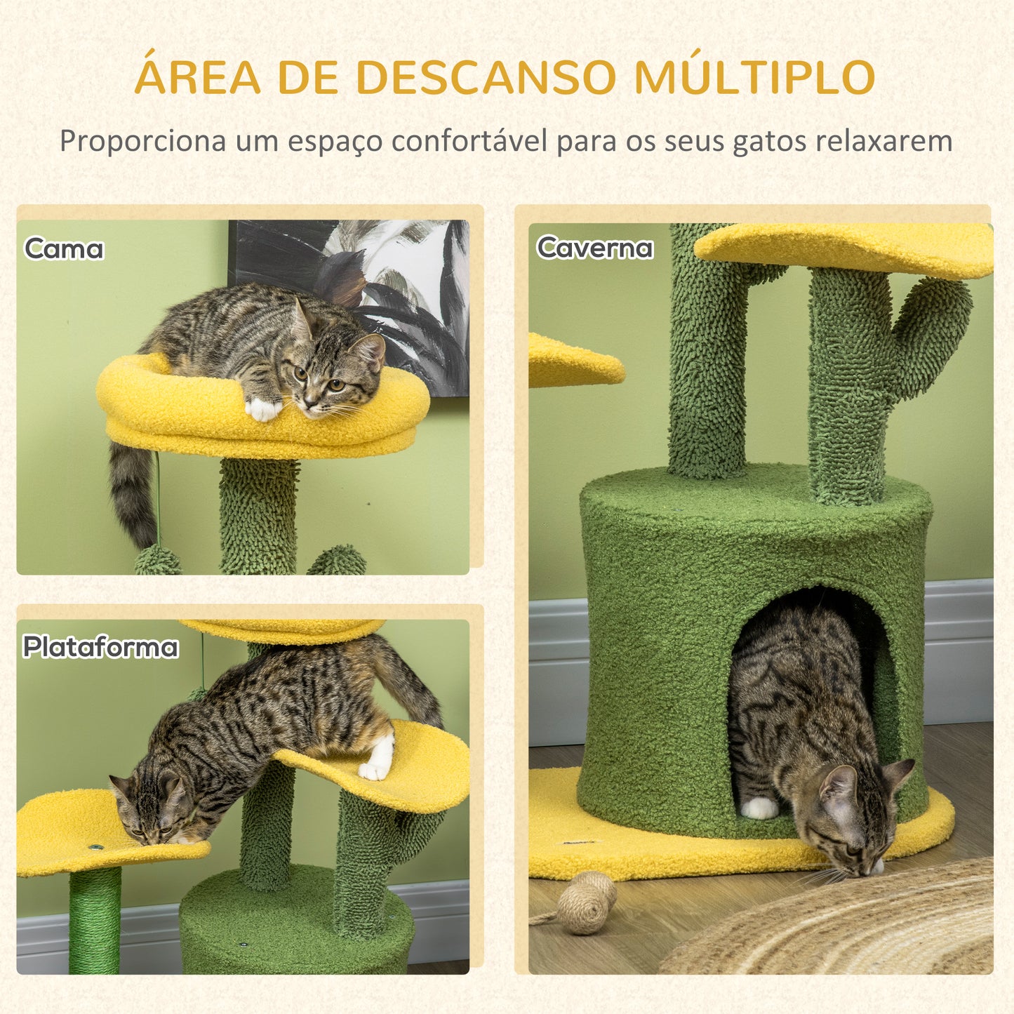 PawHut Árvore Arranhador para Gatos em Forma de Cacto Altura 83cm Torre para Gatos com Cama Casa de Pelúcia Plataformas Postes de Sisal e Bolsa Suspensa 54x39x83cm Amarelo e Verde