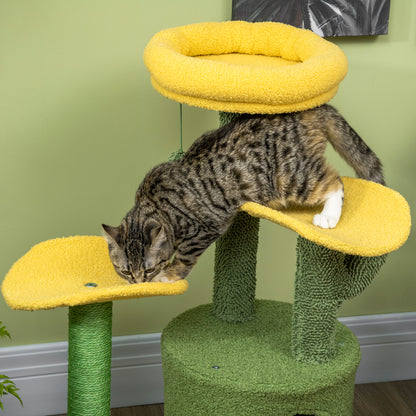 PawHut Árvore Arranhador para Gatos em Forma de Cacto Altura 83cm Torre para Gatos com Cama Casa de Pelúcia Plataformas Postes de Sisal e Bolsa Suspensa 54x39x83cm Amarelo e Verde