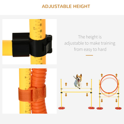 PawHut 4 Obstáculos de Treinamento para Carro Conjunto de Agilidade para Animal de Estimação Altura Ajustável de Aço com Túnel de Pólos e Saco de Transporte Amarelo