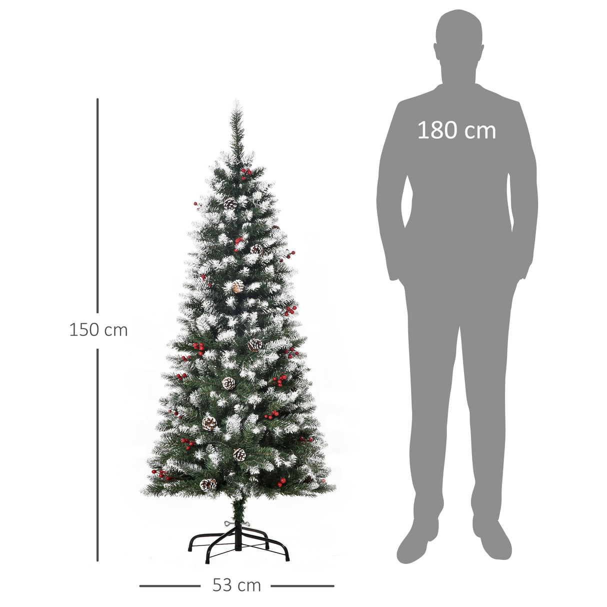 HOMCOM Árvore de Natal Artificial 150cm Ignífugo com 408 Ramos 28 Bagas 24 Pinhas Folhas de PVC e Suporte Metálico Decoração de Natal para Interiores Verde