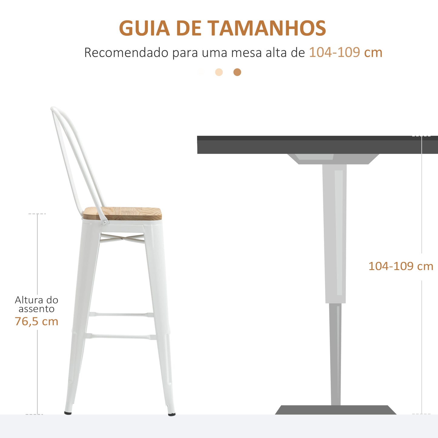 HOMCOM Conjunto de 4 Bancos Altos de Cozinha Empilháveis com Encosto Alto Bancos de Bar com Apoio para os Pés Assento de Madeira e Estrutura de Aço Carga 120 kg 44x53x116 cm Branco