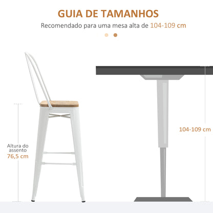 HOMCOM Conjunto de 4 Bancos Altos de Cozinha Empilháveis com Encosto Alto Bancos de Bar com Apoio para os Pés Assento de Madeira e Estrutura de Aço Carga 120 kg 44x53x116 cm Branco