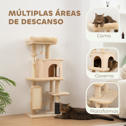 PawHut Arranhador para Gatos Grande Altura 104 cm Arranhador para Gatos com Plataformas Postes com Escova Bolas Suspensas e Almofadas para Arranhar Bege