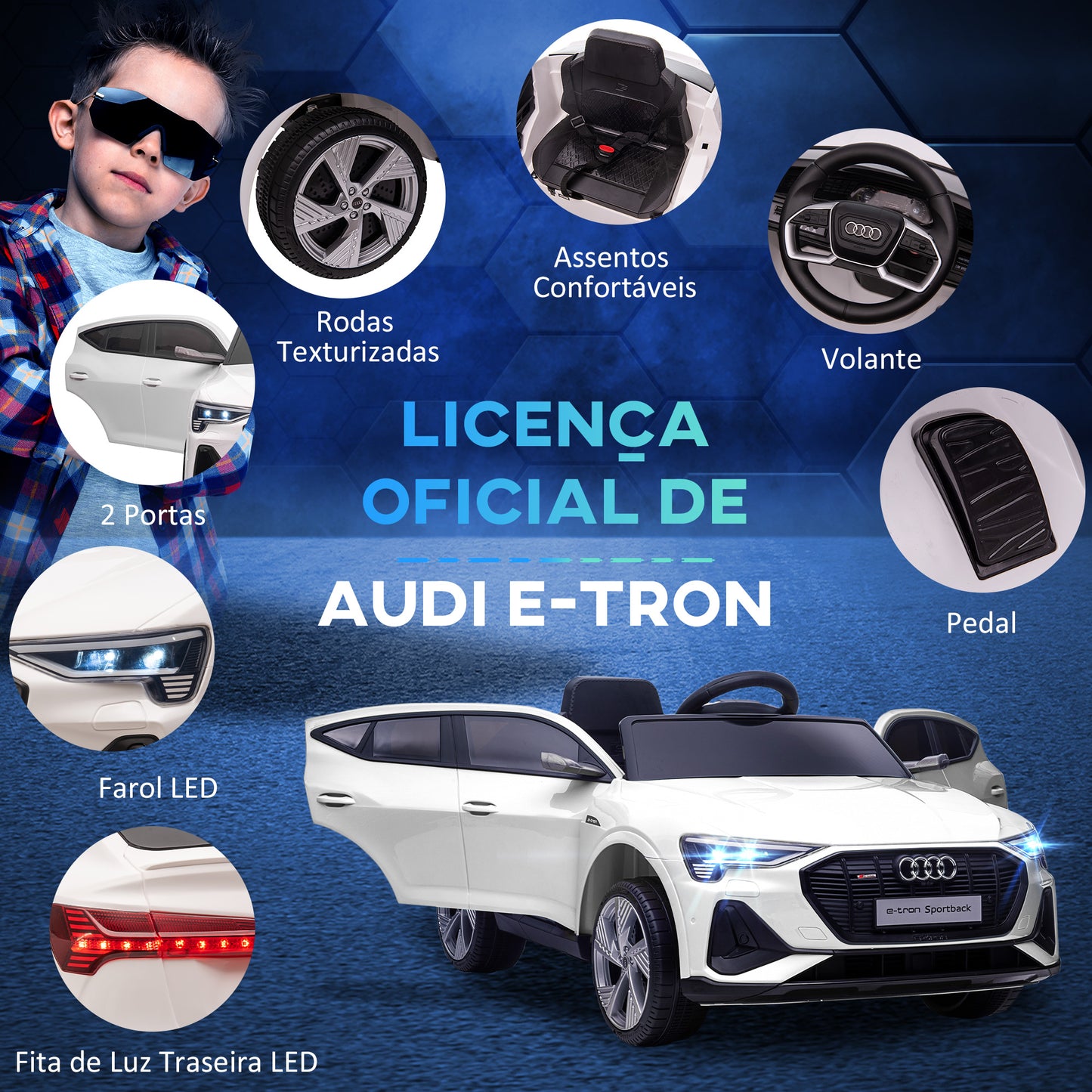 HOMCOM Carro Elétrico Audi E-Tron 12V para Crianças acima de 3 Anos com Controle Remoto Faróis Buzina Música MP3 TF USB e Abertura da Porta 3-8km/h 108x60x47cm Branco