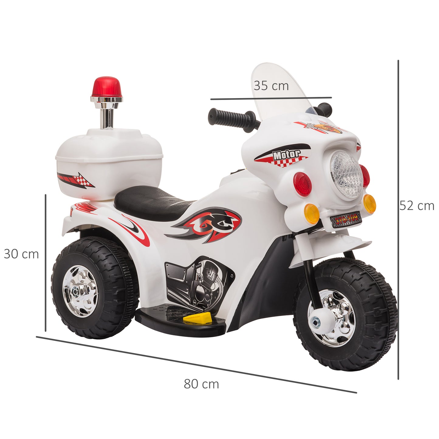 HOMCOM Mota Elétrica para Crianças de 18-36 Meses Motocicleta Infantil com 3 Rodas e Bateria 6V com Música Buzina Farol Baú 80x35x54cm Branco