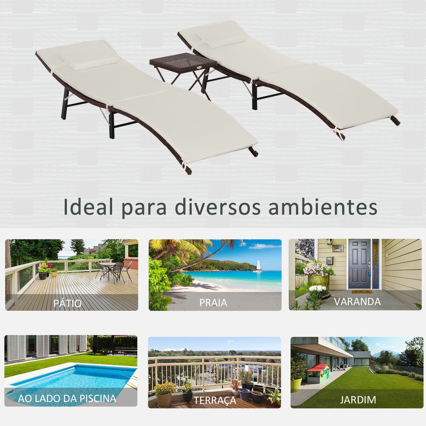 Outsunny 2 espreguiçadeiras 196x61x53cm com mesa de centro 40x40x40cm dobrável de vime para jardim ao ar livre com almofadas acolchoadas bege e marrom