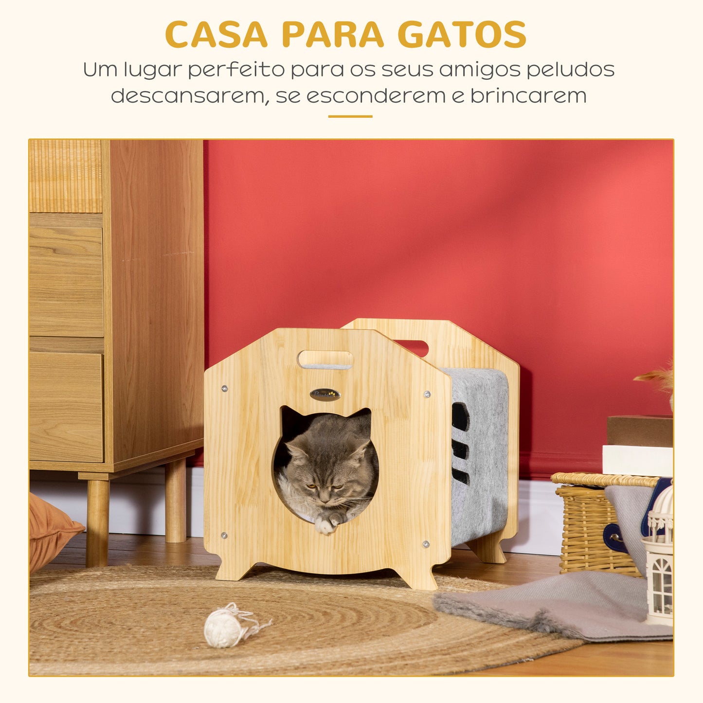 PawHut Casa para Gatos de Madeira e Feltro Casa para Animais de Estimação com Almofada Suave lavável Orifício de Entrada e 2 Alças para Interior 40x39x40cm Madeira e Cinza