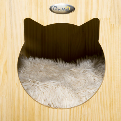 PawHut Casa para Gatos de Madeira e Feltro Casa para Animais de Estimação com Almofada Suave lavável Orifício de Entrada e 2 Alças para Interior 40x39x40cm Madeira e Cinza