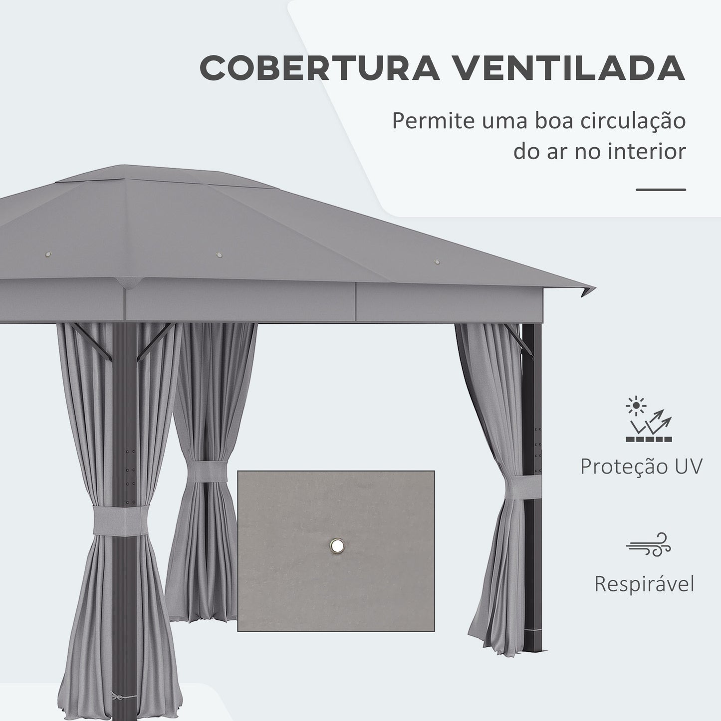 Outsunny Pérgola de Jardim 4x3m Pérgola com Teto de Ventilação 4 Cortinas Laterais e 8 Orifícios de Drenagem Pérgola de Alumínio para Exterior Pátio Festas Cinza