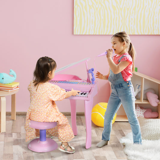 HOMCOM Piano para Crianças com 37 Teclas Piano Infantil com Microfone Banco Luzes 22 Músicas e Entrada para MP3 e USB 48x39x69 cm Rosa