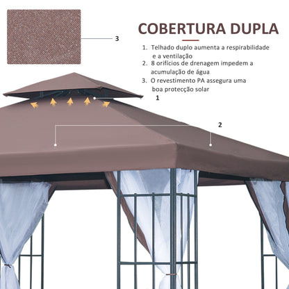 Outsunny Pérgola de Jardim 3x3m Pérgola para Exterior com Duplo Teto de Ventilação 4 Telas Mosquiteiras Laterais Removíveis e Estrutura de Aço com Proteção Solar para Festas Eventos Café