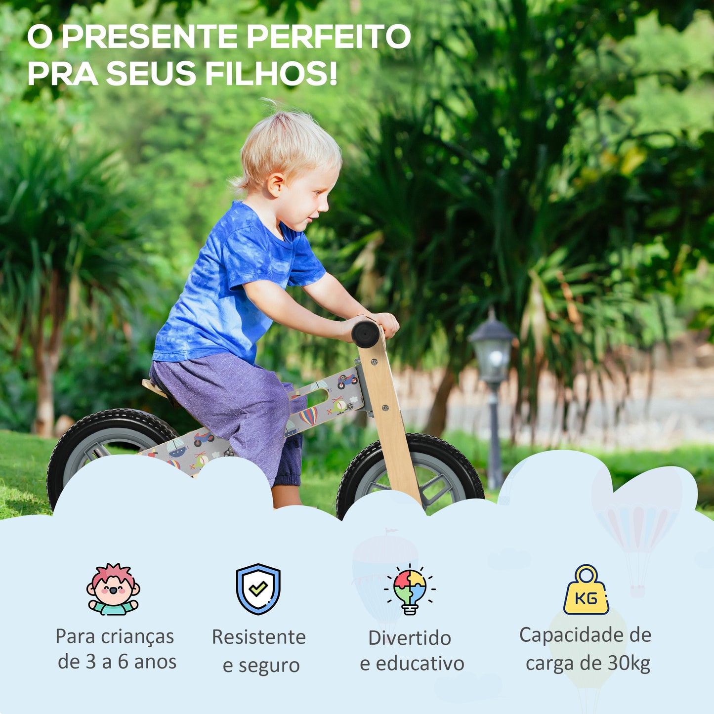 AIYAPLAY Bicicleta sem Pedais de Madeira para Crianças de 3-6 Anos com Assento Ajustável 34-40cm Bicicleta de Equilíbrio Infantil com Rodas de 12" Carga Máxima 30kg 87x37x50cm Cinza