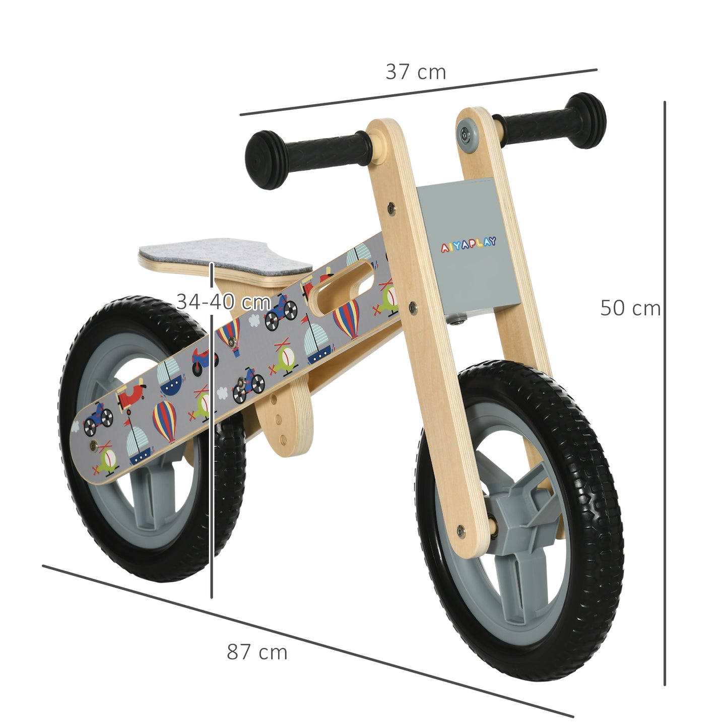 AIYAPLAY Bicicleta sem Pedais de Madeira para Crianças de 3-6 Anos com Assento Ajustável 34-40cm Bicicleta de Equilíbrio Infantil com Rodas de 12" Carga Máxima 30kg 87x37x50cm Cinza