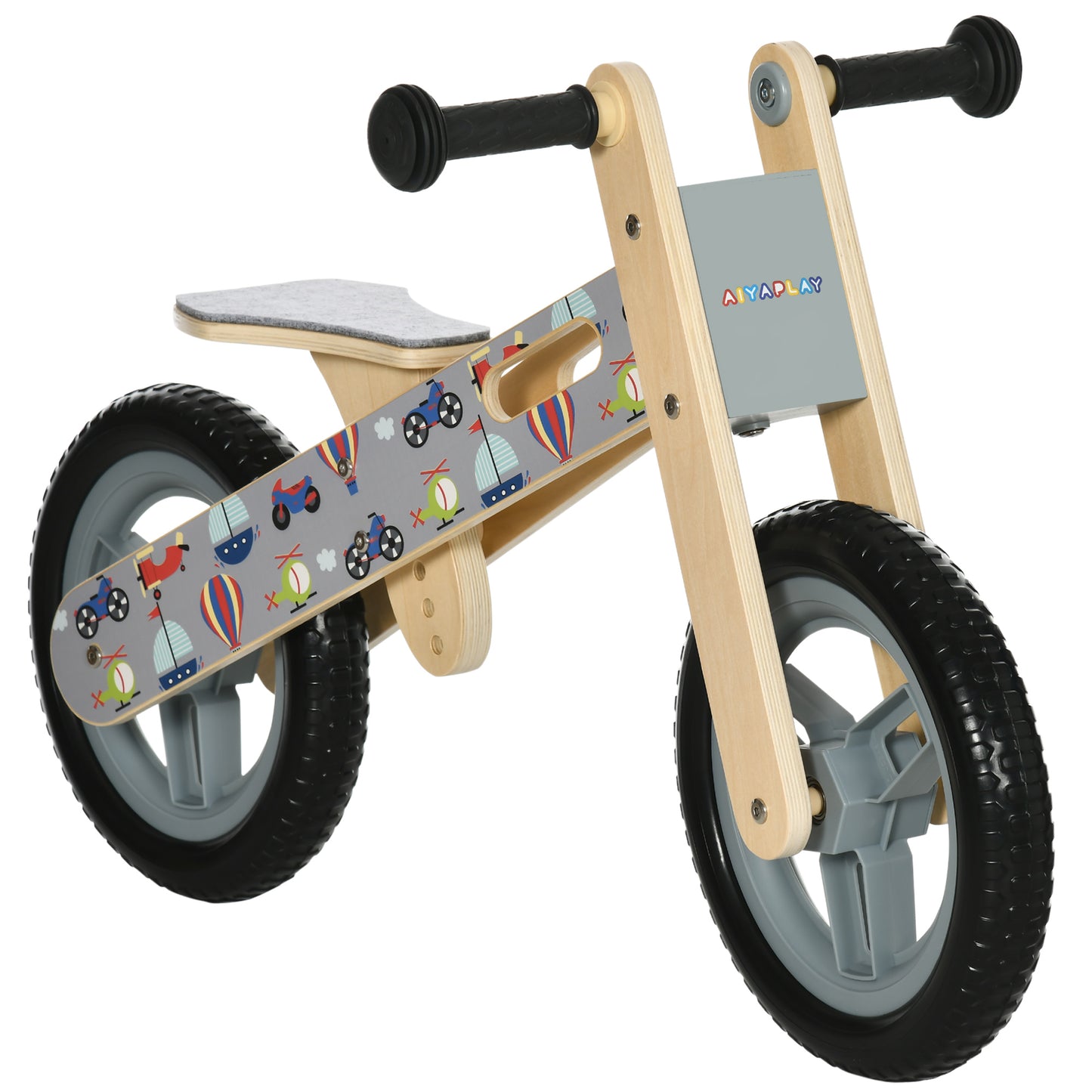 AIYAPLAY Bicicleta sem Pedais de Madeira para Crianças de 3-6 Anos com Assento Ajustável 34-40cm Bicicleta de Equilíbrio Infantil com Rodas de 12" Carga Máxima 30kg 87x37x50cm Cinza