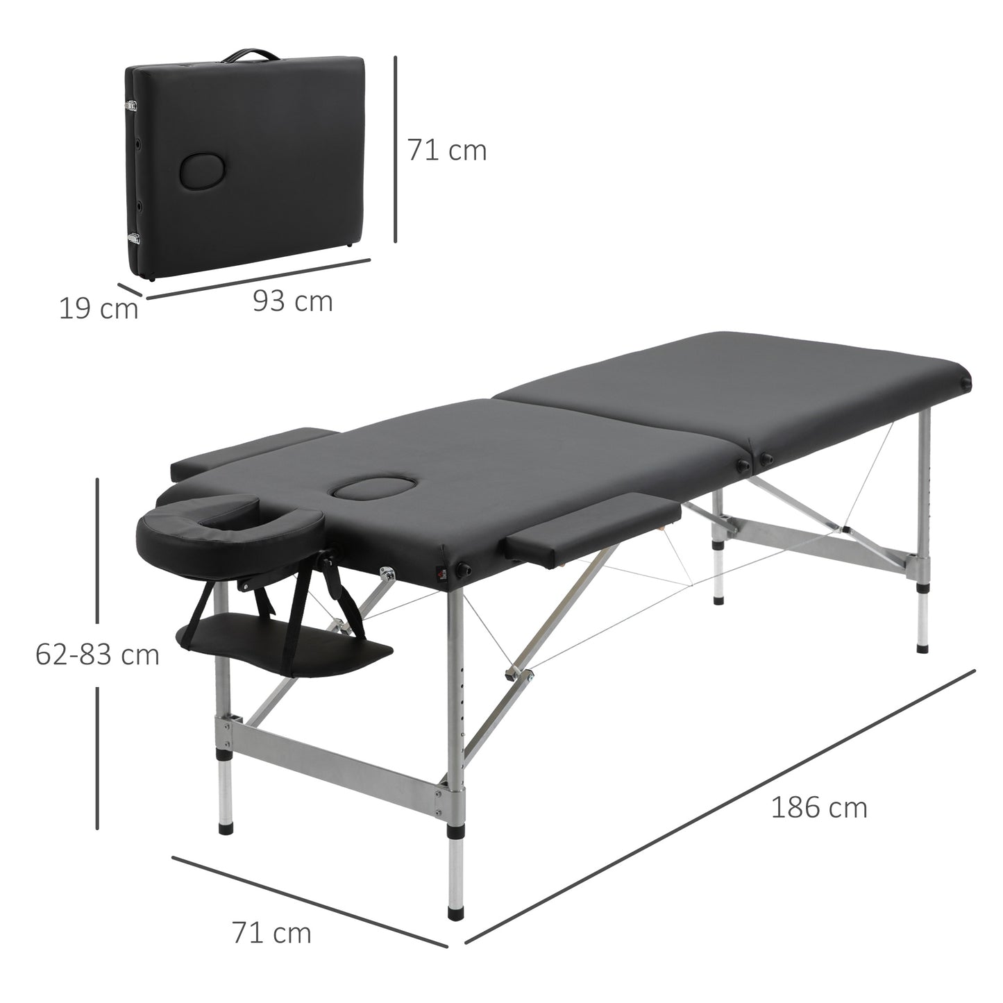 HOMCOM Marquesa Dobrável Mesa de Massagem Portátil com Altura Ajustável em 7 Posições Apoio para a Cabeça e Estrutura de Liga de Alumínio para Fisioterapia Carga 130kg 186x71x62-83cm Preto