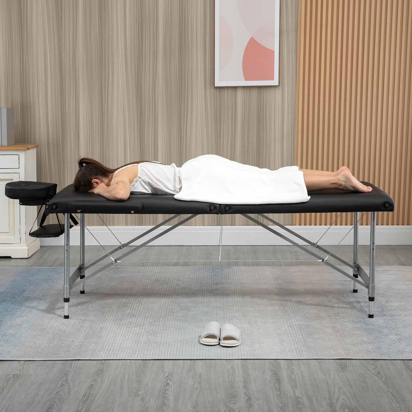 HOMCOM Marquesa Dobrável Mesa de Massagem Portátil com Altura Ajustável em 7 Posições Apoio para a Cabeça e Estrutura de Liga de Alumínio para Fisioterapia Carga 130kg 186x71x62-83cm Preto