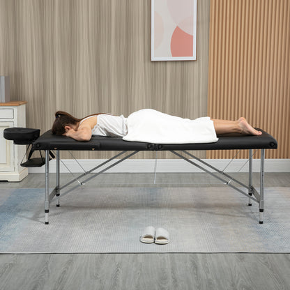 HOMCOM Marquesa Dobrável Mesa de Massagem Portátil com Altura Ajustável em 7 Posições Apoio para a Cabeça e Estrutura de Liga de Alumínio para Fisioterapia Carga 130kg 186x71x62-83cm Preto