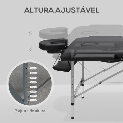 HOMCOM Marquesa Dobrável Mesa de Massagem Portátil com Altura Ajustável em 7 Posições Apoio para a Cabeça e Estrutura de Liga de Alumínio para Fisioterapia Carga 130kg 186x71x62-83cm Preto