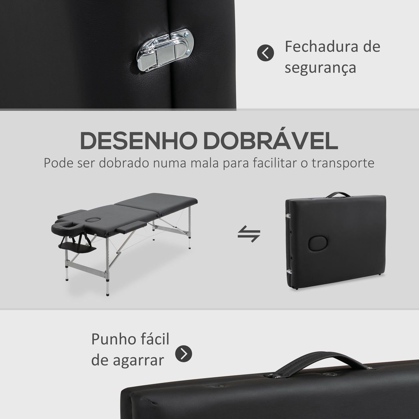 HOMCOM Marquesa Dobrável Mesa de Massagem Portátil com Altura Ajustável em 7 Posições Apoio para a Cabeça e Estrutura de Liga de Alumínio para Fisioterapia Carga 130kg 186x71x62-83cm Preto