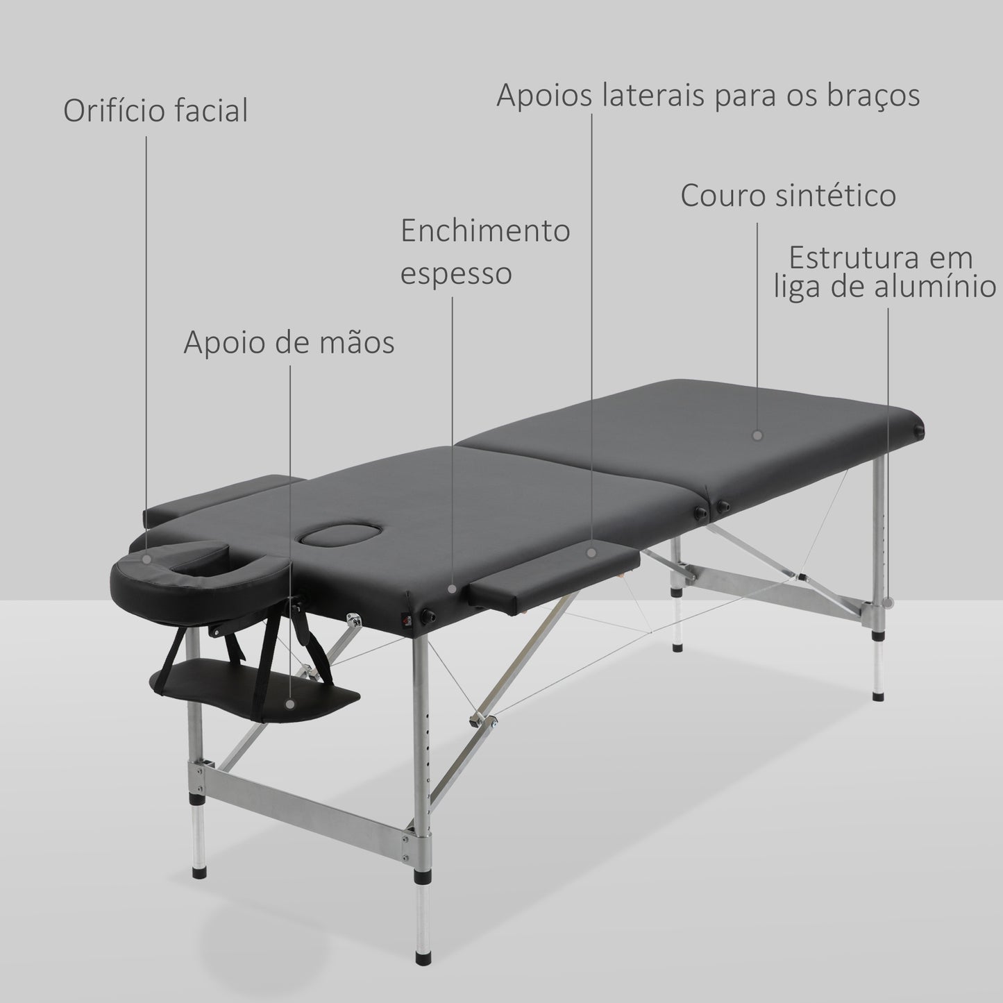 HOMCOM Marquesa Dobrável Mesa de Massagem Portátil com Altura Ajustável em 7 Posições Apoio para a Cabeça e Estrutura de Liga de Alumínio para Fisioterapia Carga 130kg 186x71x62-83cm Preto