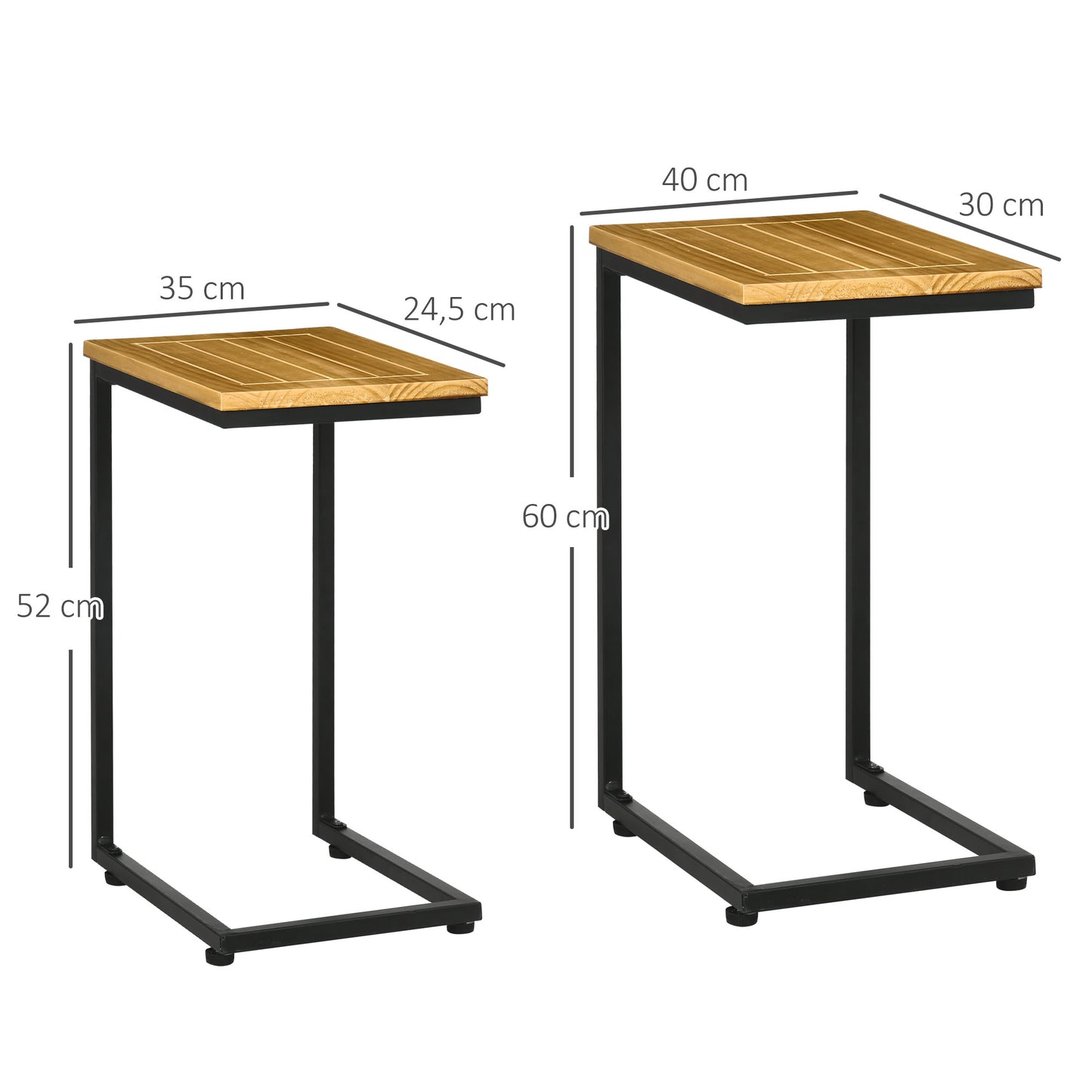 Outsunny Conjunto de 2 Mesas Auxiliares de Jardim Mesas Empilháveis em Forma de C com Estrutura de Metal e Bancada de Madeira para Interior e Exterior 40x30x60 cm e 35x24,5x52 cm Madeira e Preto