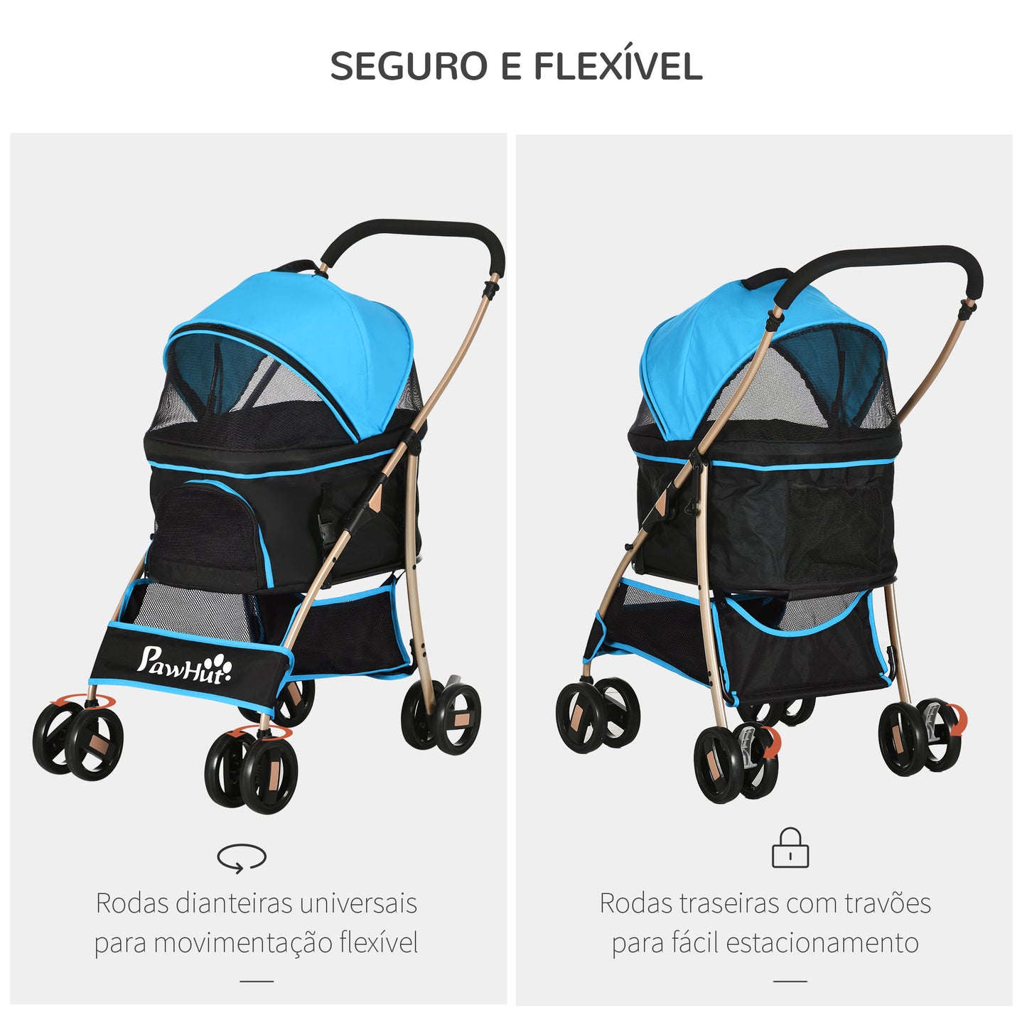 PawHut Carrinho para Animais de Estimação 3 em 1 Carrinho para Cães e Gatos Dobrável com Bolsa de Transporte Cesta de Armazenamento e Travão Tecido de Oxford 600D Carga Máxima 15kg 82x49,5x98cm Azul