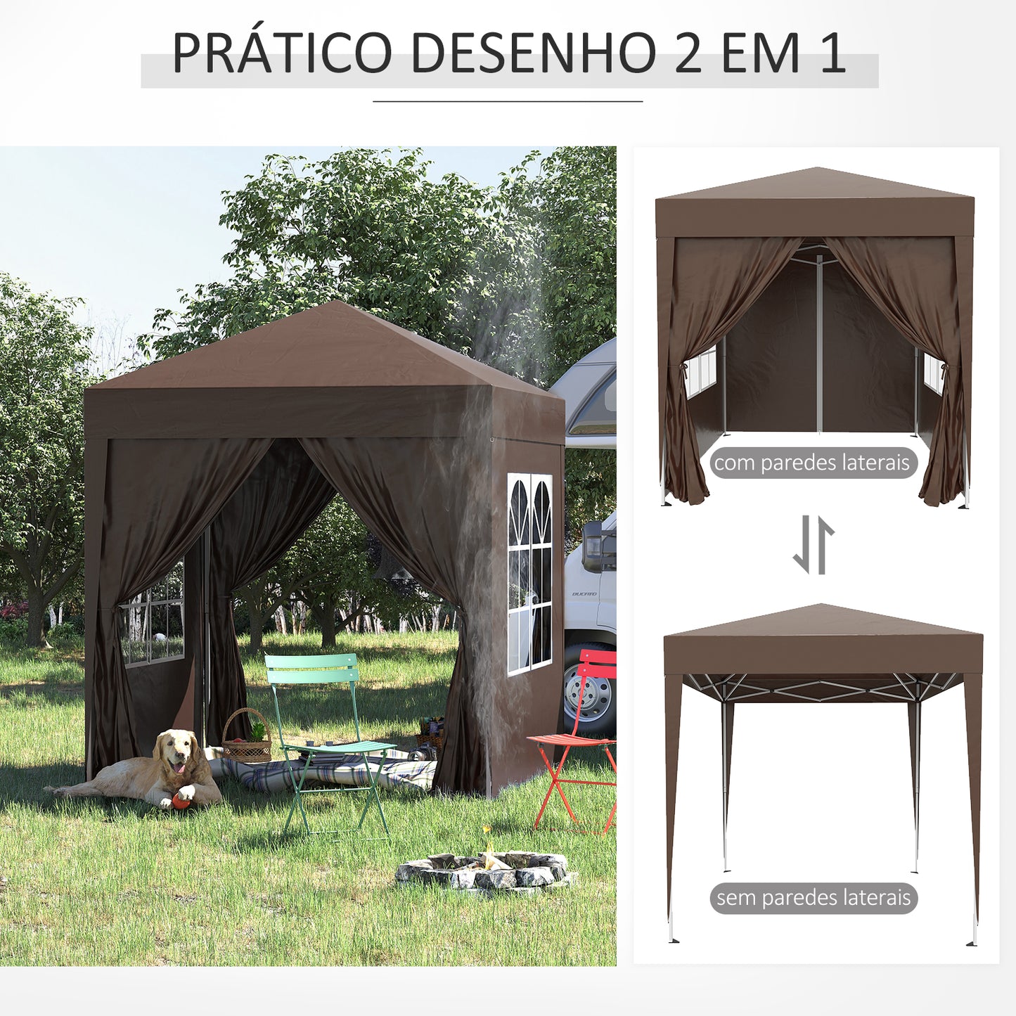 Outsunny Tenda Dobrável 2x2 m Tenda de Jardim com 4 Paredes Laterais Tecido Oxford 2 Portas 2 Janelas e Bolsa de Transporte para Exterior Terraço Campismo Festas Marrom