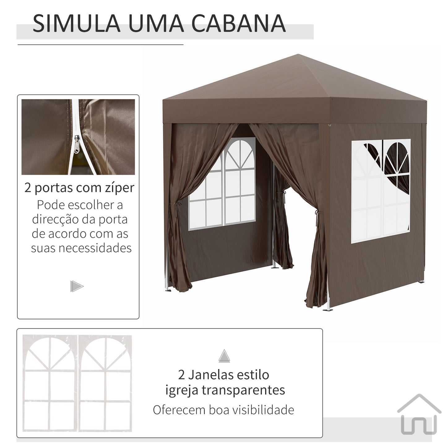 Outsunny Tenda Dobrável 2x2 m Tenda de Jardim com 4 Paredes Laterais Tecido Oxford 2 Portas 2 Janelas e Bolsa de Transporte para Exterior Terraço Campismo Festas Marrom