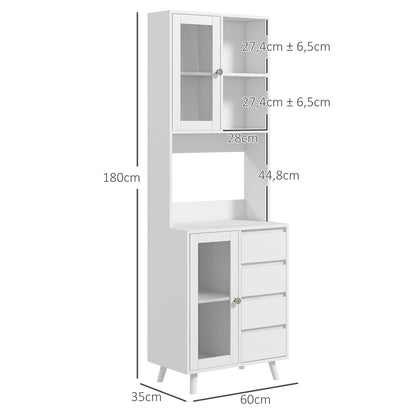 HOMCOM Armário de Cozinha com 2 Armários com Portas de Vidro Temperado 2 Compartimentos Abertos 4 Gavetas e Prateleiras Ajustáveis 60x35x180 cm Branco