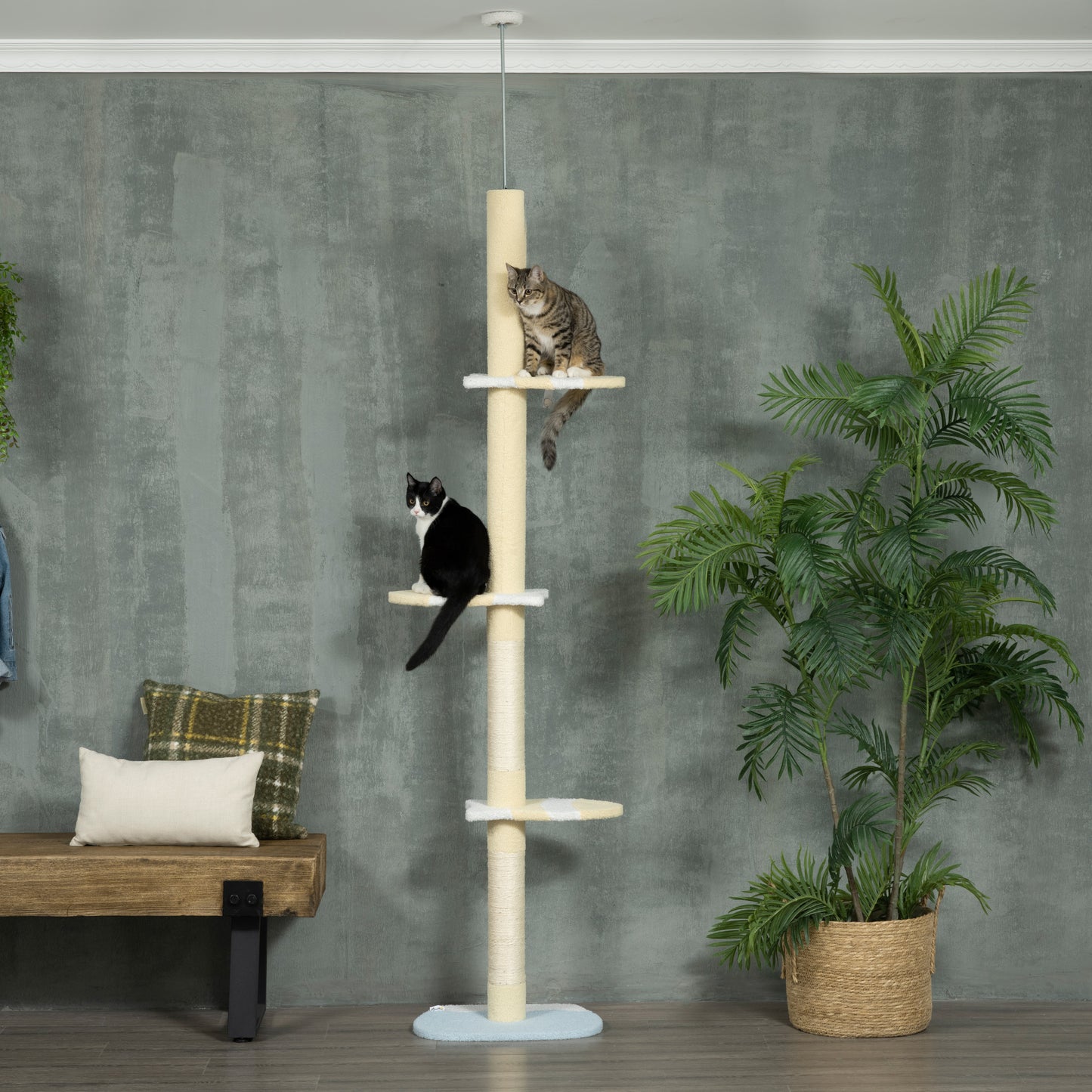 PawHut Árvore para Gatos do Chão ao Teto 220-260cm Altura Ajustável Torre para Gatos com 3 Plataformas Poste de Sisal e Bola para Brincar 47x34x220-260cm Creme