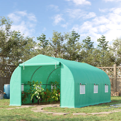 Outsunny Estufa Tipo Túnel 450x300x200 cm Estufa de Jardim com Porta e 6 Janelas Enroláveis Cobertura de PE e Aço para Cultivos de Plantas Flores Verde