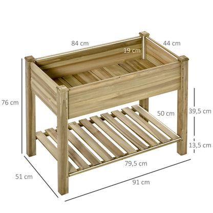 Outsunny Horta Vertical de Madeira com Prateleira 91x51x76cm Mesa de Cultivo Retangular com Orifícios de Drenagem para Cultivos de Plantas Jardim Terraço Exterior Madeira Natural